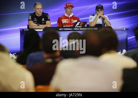 Francorchamps, Belgique. Août 24, 2017. VALTTERI BOTTAS de Finlande et Mercedes AMG Petronas F1 Team, Kimi Raikkonen de Finlande et la Scuderia Ferrari et Felipe Massa du Brésil et Williams Martini Racing sont vus dans la conférence de presse de la Formule 1 2017 Grand Prix de Belgique à Francorchamps, Belgique. Credit : James/Gasperotti ZUMA Wire/Alamy Live News Banque D'Images