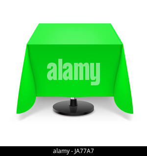 Table à manger carrée avec une nappe verte et jambe ronde isolé sur fond blanc. Banque D'Images