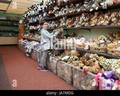 Une jeune fille se penche sur les jouets en peluche dans la boutique d'Amazon world sur l'île de Wight, Hampshire Banque D'Images