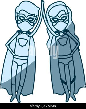 Ombrage bleu silhouette de couple de super-héros sans visage flying and holding hands Illustration de Vecteur