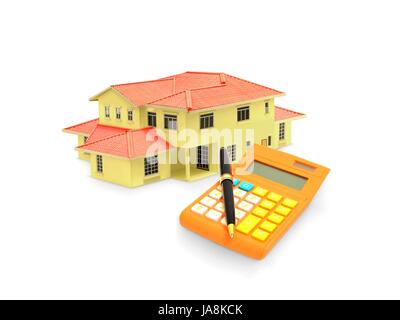 Modèle maison avec la calculatrice et stylo Banque D'Images