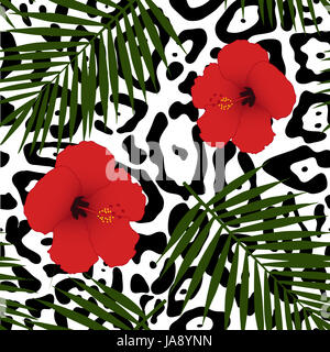 Hibiscus rouge et de feuilles de palmier seamless pattern. Vector illustration. Banque D'Images