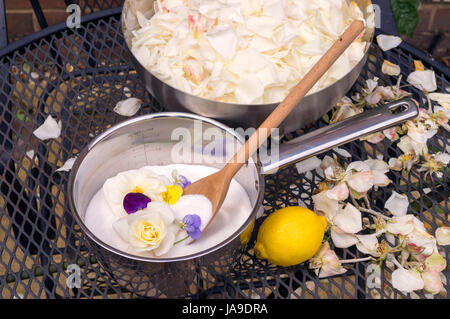 Préparer les ingrédients pour la confiture de rose fait maison. Dans un bol de pétales de matières premières Banque D'Images