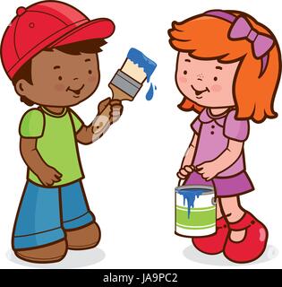 Enfants peignant avec un seau à peinture et un pinceau. Garçons et filles peintres jouent avec la boîte de peinture bleue et le pinceau. Illustration vectorielle Illustration de Vecteur
