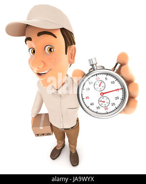 Livraison 3d man holding chronomètre, illustration avec fond blanc isolé Banque D'Images