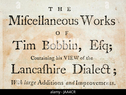 Littérature, 1775 page de titre de Tim Bobbin, Lancashire dialect livre de John Collier, gravure illustration ligne Banque D'Images