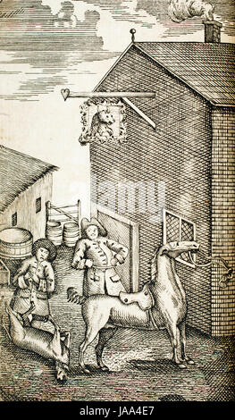 Littérature, 1775 Tim Bobbin, Lancashire dialect book illustration gravure ligne hommes dehors inn à cheval Banque D'Images