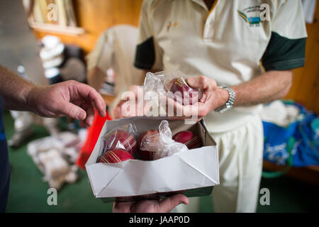 Match cricket balls sont vérifiés par Lynton & Lynmouth joueurs dans le vestiaire de l'équipe d'accueil avant le match amical contre l'annuel Cravens Cavaliers à Lynton & Lynmouth Cricket Club, basé à l'intérieur de la Vallée des Roches, North Devon. Banque D'Images