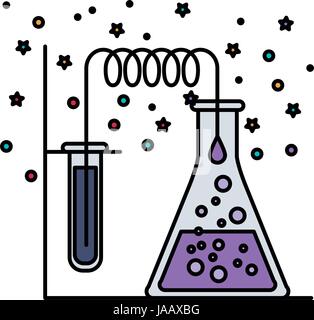 Fond blanc avec des étoiles et des points de test tube connecté à bécher en verre Illustration de Vecteur