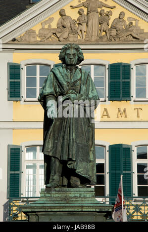 Beethoven-Denkmal das auf dem Münsterplatz à Bonn erinnert an den berühmtesten Sohn der Stadt, den Komponisten Ludwig van Beethoven. Das Denkmal aus dem 19. Jahrhundert ist eines der Wahrzeichen der Stadt und ein beliebtes Photomotiv für Touristen. Banque D'Images