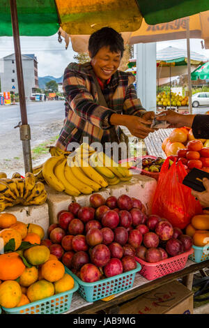 Guangxi, Chine. Entre et Yangshuo Longji. Stand de fruits vendeur de faire une vente. Banque D'Images