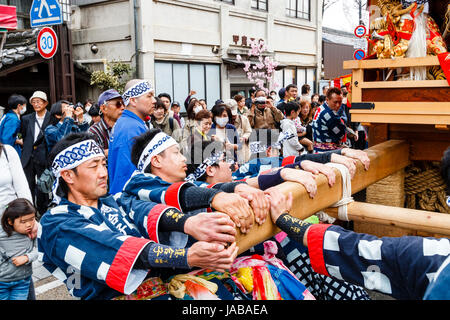 Inuyama festival au Japon. Équipe d'hommes tirant à leur tour d'énormes Dashi float, aka comme yatai ou yama, tout en défilant à travers la ville. Banque D'Images