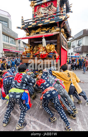 Inuyama festival au Japon. Équipe d'hommes tirant et poussant à leur tour d'énormes Dashi float, aka comme yatai ou yama, tout en défilant à travers la ville. Banque D'Images