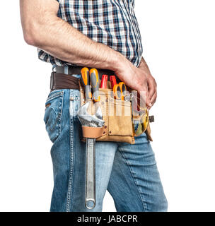 Détail de l'homme toolsbelt avec outils et isolé sur fond blanc Banque D'Images