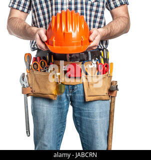 Détail de l'homme toolsbelt avec outils et isolé sur fond blanc Banque D'Images