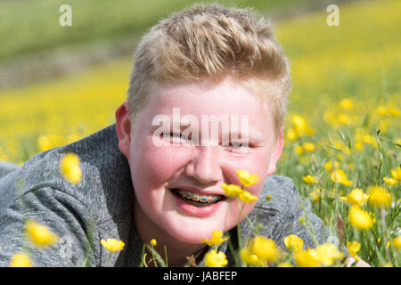 Portrait of two boysat dans wildflower meadow, North Yorkshire, UK Banque D'Images