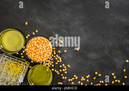 Le maïs d'or céréales, ce qui les fruits et légumes de l'huile sur le tableau noir à la craie l'essai expérimental avec beaucoup de tube à essai et l'écriture de texte sur l'copyspace w Banque D'Images