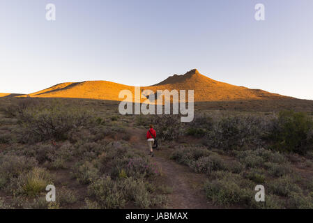 Balades touristiques sur sentier balisé dans le parc national du Karoo, Afrique du Sud. Tableau panoramique les montagnes, les canyons et les falaises au coucher du soleil. L'aventure et explorat Banque D'Images