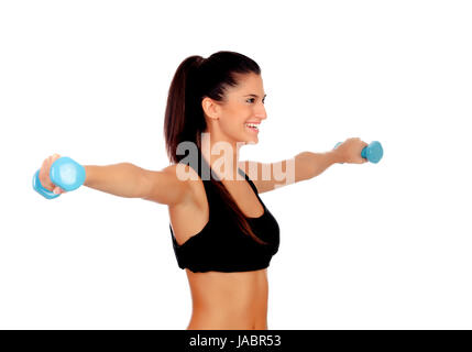 Happy brunette girl tonifier les muscles isolé sur fond blanc Banque D'Images