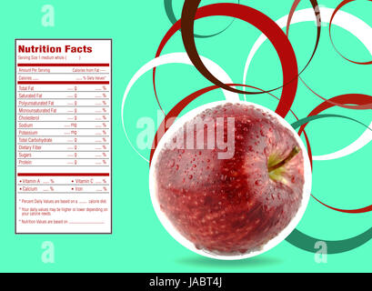 La conception créative de Red Apple avec l'étiquette de la valeur nutritive. Banque D'Images