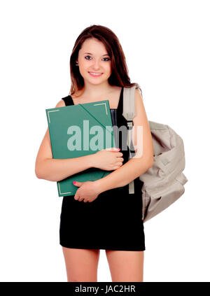 Pretty student girl avec robe noire isolé sur fond blanc Banque D'Images