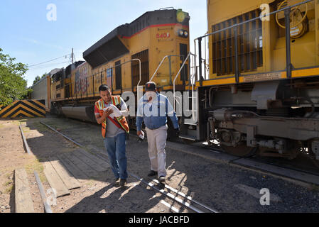 Un train transportant des voitures fabriquées dans les arrêts Nogales, Sonora, Mexique, avant d'entrer dans une barrière métallique à Nogales, Arizona, USA. Banque D'Images