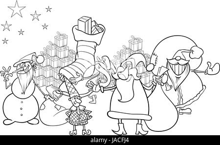 Illustration Cartoon noir et blanc du Père Noël avec le groupe présente et bonhomme de neige et d'autres personnages de Noël pour Coloring Book Banque D'Images