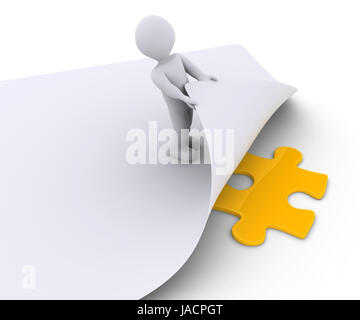 3d personne trouve la pièce de puzzle manquante sous une feuille de papier Banque D'Images