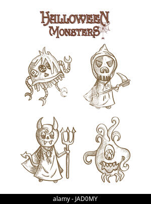 Spooky Halloween monstres créatures style croquis dessins animés ensemble. Fichier vectoriel EPS10 organisé en couches pour l'édition facile. Banque D'Images