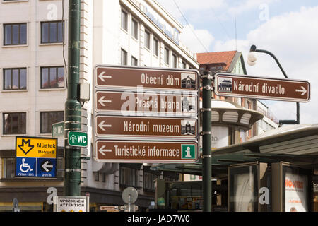 Un panneau donnant des directives à Prague, y compris pour des informations touristiques Banque D'Images