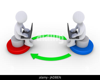 Deux personnes se tenant la 3d les ordinateurs portables sont connectés avec des flèches Banque D'Images
