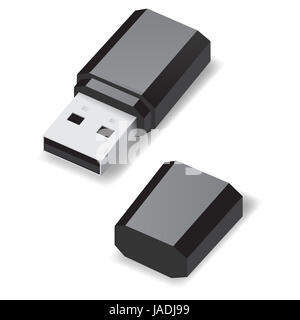 Lecteur flash USB noir avec capuchon isolé sur blanc. Banque D'Images