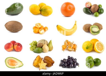 Collage de fruits tropicaux isolé sur fond blanc Banque D'Images