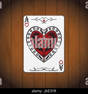 Ace hearts, poker carte de fond en bois vernis. Illustration de Vecteur