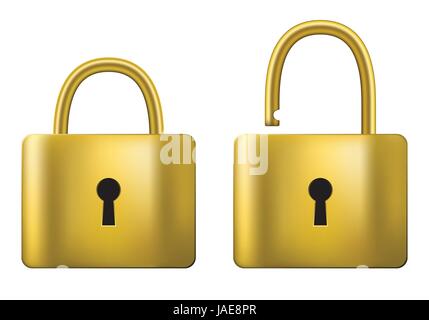 Or cadenas verrouillé et déverrouillé isolé sur fond blanc. Illustration de Vecteur