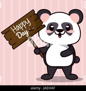 Arrière-plan de couleur rose avec des lignes de bande et silhouettes animales kawaii cute panda ours debout avec panneau en bois happy day Illustration de Vecteur