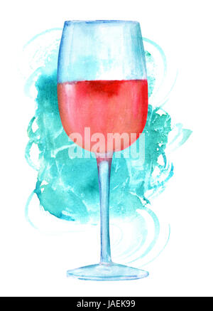 Une aquarelle dessin de verre de vin rose avec un coup de pinceau bleu sarcelle dynamique, sur un fond blanc avec une place pour le texte Banque D'Images