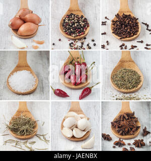 Photo Collage composition de différents types de matières épices Banque D'Images