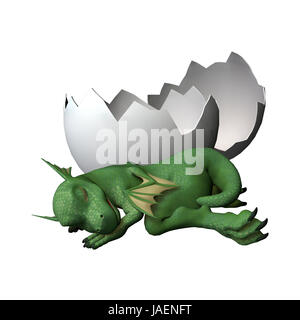 Numérique 3D render of a new born le petit dragon près de l'oeuf fêlé isolé sur fond blanc Banque D'Images