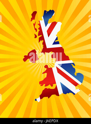 Angleterre Union Jack Flag dans la carte Silhouette aux rayons du soleil Illustration d'arrière-plan Banque D'Images