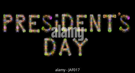 President's Day texte écrit avec Fireworks mousseux colorés sur fond noir Banque D'Images