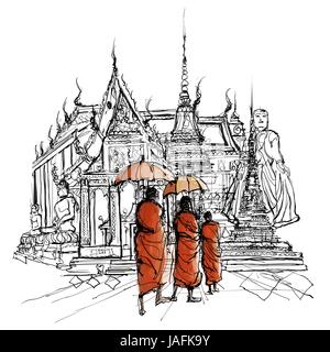 En Thaïlande, des moines dans un temple - Vector et illustration Illustration de Vecteur