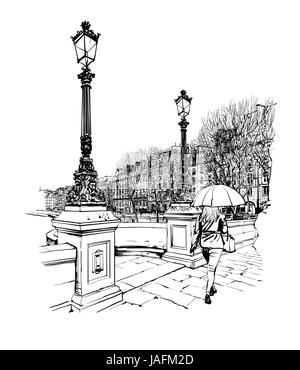 France - Paris, le Pont Neuf sous la pluie - vector illustration Illustration de Vecteur