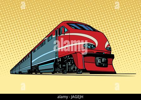 Le train de voyageurs à grande vitesse. Le transport ferroviaire de passagers. Pop art retro vector illustration Illustration de Vecteur