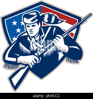 Illustration d'un patriote américain pionnier colonist colon Daniel Boone holding carabine fusil fixé à l'intérieur protection avec American stars and stripes flag isolées sur fond blanc. Banque D'Images