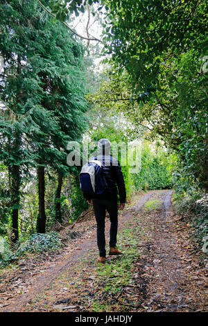 Young man carrying backpack marche loin de la caméra Banque D'Images