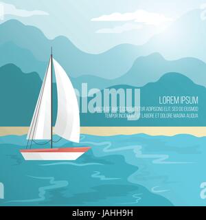 Le bateau à voile d'illustration vectorielle plage est la voile le long de la mer Illustration de Vecteur