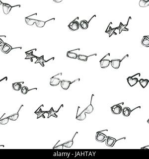 Différents types de lunettes de soleil, modèle sans couture à la main style doodle vecteur. Illustration noir et blanc. Carré, cercle, étoile et coeur verre Illustration de Vecteur