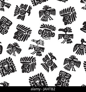 Modèle maya vectoriel continu. Le noir et blanc des éléments ethniques. Doodles tribal ornement. Résumé d'anciens symboles des oiseaux, des animaux et des visages Illustration de Vecteur