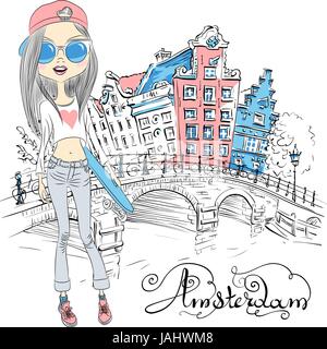 Magnifique vecteur fashion girl à Amsterdam Illustration de Vecteur